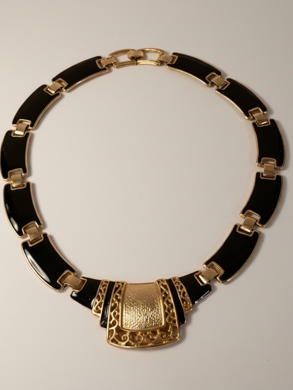 Gold-Tone and Black Enamel Statement Necklace - Elegant Women Jewelry